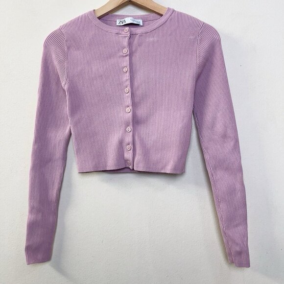 ZARA Womens Small Fitted Crop Pink Ribbed Cardigan - Picture 2 of 8